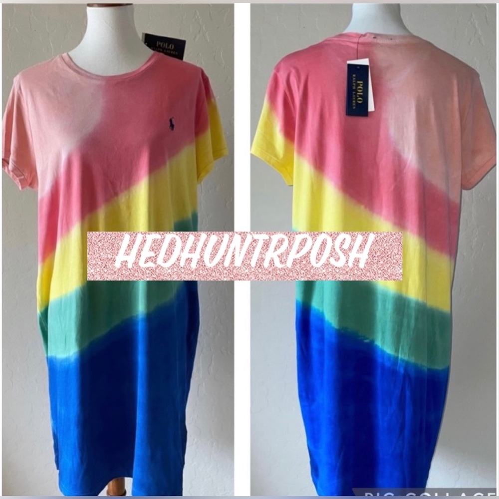🎉HP🎉New! Polo Ralph Lauren Cotton Tie Dye Rainbow Ombre TShirt Dress Womens XL - Picture 8 of 14